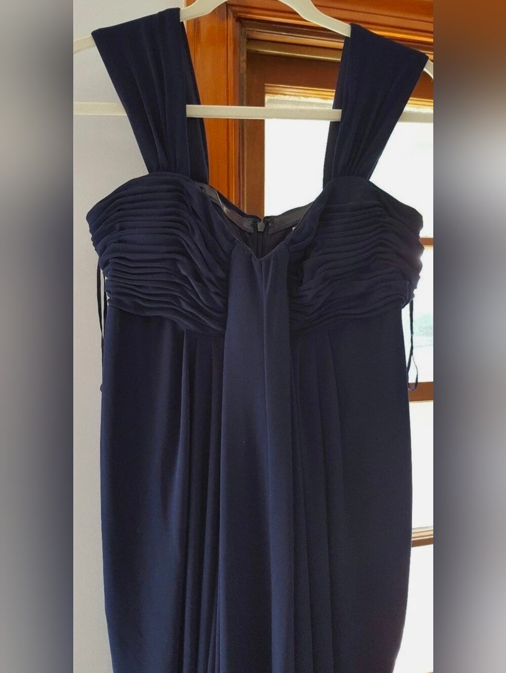 New navy blue knit jersey dress gown prom formal bridesmaid wedding long L 12 14